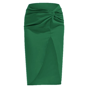Detail of dark green satin midi skirt showing twisted knot waist and side slit design
