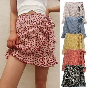 Women high waist ruffle wrap mini skirt with floral leopard print and side tie