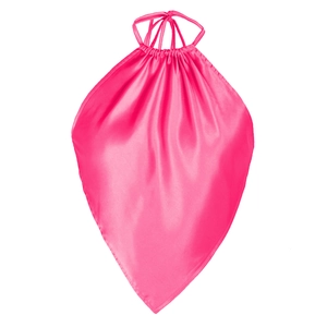 Detail of hot pink satin bandana halter top with adjustable thin drawstring neck ties