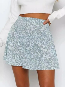 Women's high waist light blue floral chiffon mini skirt with A-line silhouette and prints