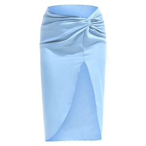 Light blue satin midi skirt with knot waist detail and front slit on white background