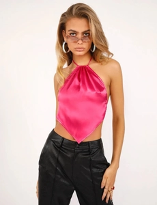 Front view of hot pink satin halter top with open back and sleek metallic sheen finish