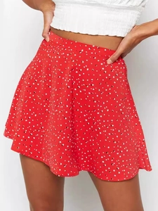 Summer high waist red floral chiffon mini skirt with a-line silhouette and white dots