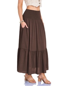 High waist tiered brown maxi skirt with smocked waistband and side pockets