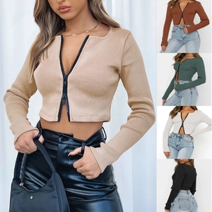 Women Ribbed Knit Zip Up Crop Top Long Sleeve Slim Fit Solid Color Ribbed Sweater Cardigan For Women Casual Fashion Top