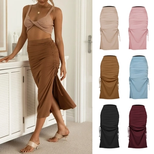 Women High Waist Ruched Maxi Skirt Side Slit Sexy Ribbed Bodycon Drawstring Cotton Blend Casual Slim Fit Party Long Skirt