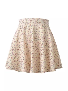 High waist floral chiffon mini skirt with yellow base and purple floral patterns