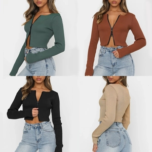 Slim fit ribbed long sleeve top for women featuring a two-way zipper in multiple colors