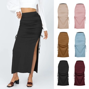 High waist ruched knit maxi skirt with side slit and drawstring in six various colors