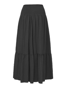 High waisted black tiered maxi skirt with smocked waist and pockets for women