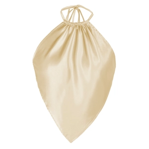 Champagne gold satin halter top featuring a triangular hem and pleated neckline design