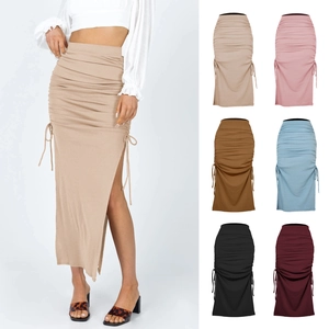 High waist ruched knit skirt with drawstring slit and slim fit sexy bodycon silhouette