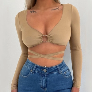 Sexy khaki crop top with deep V-neck, metal ring, and crossover waist ties for women