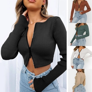 Slim fit ribbed long sleeve crop top with two-way zipper available in multiple colors