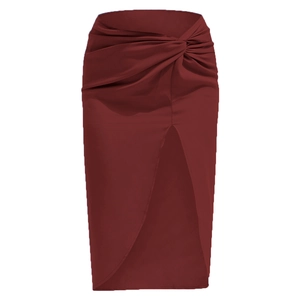 Detail of elegant wine red satin midi skirt with high waist knot and front split
