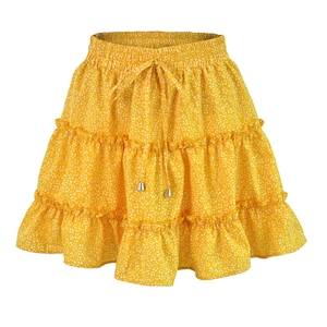 Women's summer high waist yellow floral A-line skirt with ruffle hem and drawstring