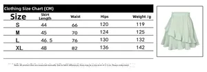 Size chart detail for high waist ruffle mini skirt showing S to XL dimensions in cm