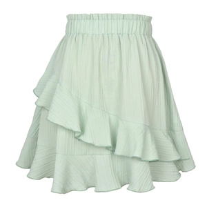 Women's high waist mint green ruffle skirt with tiered asymmetric hem and pleated fabric