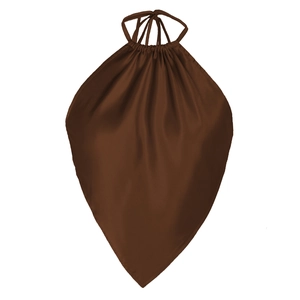 Detail of the dark brown satin halter bandana top with elegant ruched neckline and silk texture