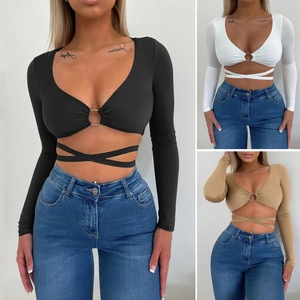 Women Sexy Deep V Neck Long Sleeve Crop Top Metal Ring Wrap Around Tie Waist Slim Fit Solid Color Fashion Party T-Shirt