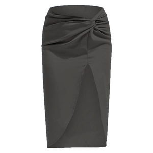 Detail of elegant dark grey satin midi skirt with twist knot and high slit design