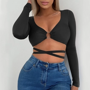 Sexy black long sleeve crop top with V-neck, metal ring detail and waist ties