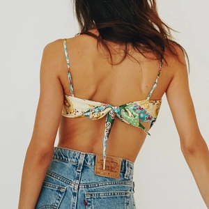 Bohemian paisley print backless crop top with adjustable ribbon tie and spaghetti straps
