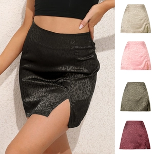 Jupe Courte Léopard en Satin pour Femme Taille Haute Sexy Fente Latérale Ligne A Style Streetwear Mode