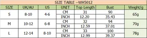 Size chart for floral print camisole showing bust and length measurements in cm and inches