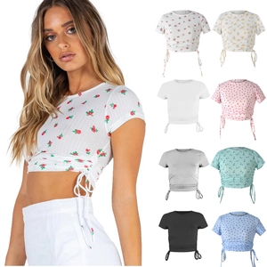 Women's slim fit floral crop top with side drawstring and ribbed knit fabric