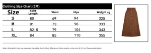 Size chart for women high waist corduroy skirt with length and waist measurements