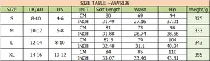 Detailed size chart for corduroy high waist skirt with UK, AU, and US measurements