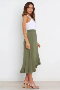 Detail of army green chiffon wrap skirt with irregular ruffled hem and high waist design