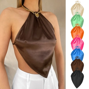 Women Sexy Halter Neck Satin Bandana Top Backless Tie Back Tank Top With Chain Heart Pendant Party Camisole