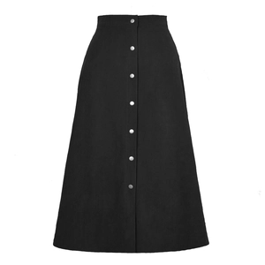 Women's black corduroy A-line maxi skirt with high waist and silver button front detail