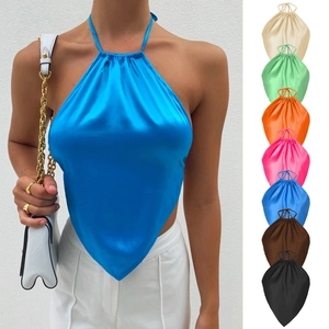 Halter neck satin top with triangle hem shown in teal blue and eight other colors