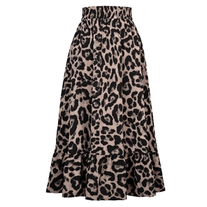Jupe longue léopard à taille haute élastique avec ourlet à volants pour femme