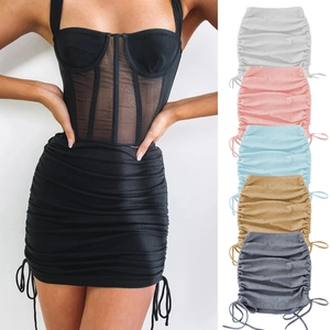 Slim fit ruched mini skirt with side drawstring and corset set in multiple colors