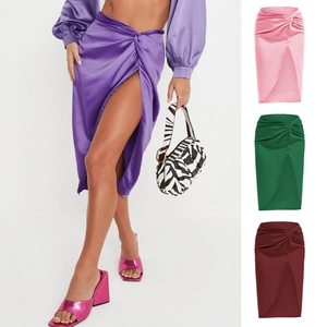 Women Elegant Satin Midi Skirt French Knot Irregular High Slit Solid Color High Waist Wrap Skirt Party Office Long Skirt