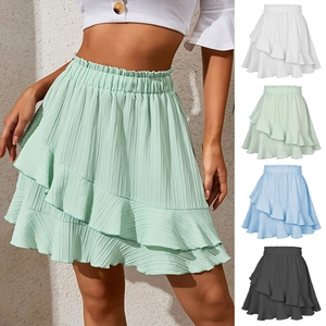 Women High Waist Ruffle Mini Skirt Irregular Tiered Hem Elastic Waist Solid Color Pleated Skirt Summer Beach Polyester Spandex