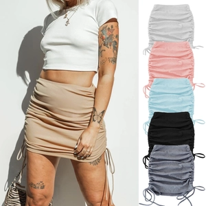 Women's rib-knit bodycon skirt with adjustable side drawstring in multiple colors