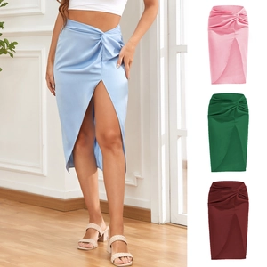 French style satin midi skirt with elegant twist-knot detail and sexy side split