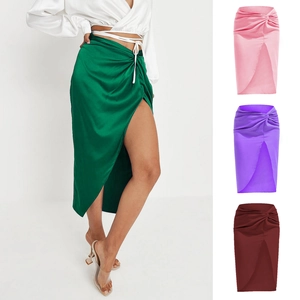 French style satin midi skirt with elegant twist knot detail and sexy high side slit