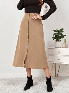 Brown corduroy A-line midi skirt with high waist and functional front button placket
