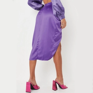 Elegant purple satin midi skirt with a high waist and side slit detail for women