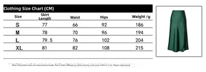 Size chart for high waist satin skirt showing lengths, waist, and hip measurements in cm