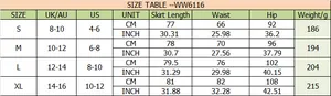 Detailed size chart for high waist satin skirts with measurements in CM and INCH