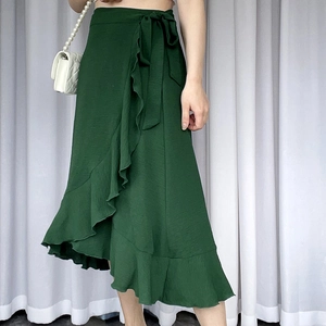 Dark green wrap skirt with ruffle hem and waist tie, elegant chiffon midi style