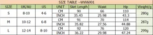 Guide des tailles pour jupe longue en coton et lin avec mesures S M L en cm et pouces