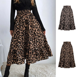 Jupe Maxi Femme Sexy Imprimé Léopard Taille Haute Taille Élastique Smockée Mousseline Ourlet à Volants Ligne A Jupe Longue